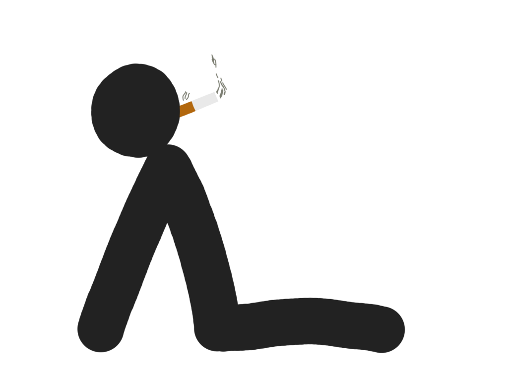 A stick figure smoking and enjoying life during the „Tic, Tac, THINK!" game.
